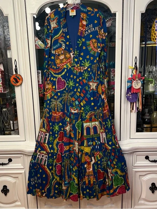 FARM Rio Royal Blue Maxi Dress with Multicolor Tropical Motifs M - Picture 8 of 16